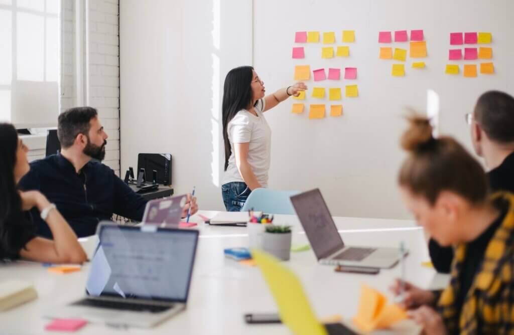 Students run a presentation in a classroom